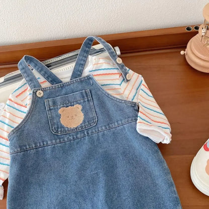 2025 Autumn Korean Baby Boys Girls Pants Cartoon Jeans Overalls Cute Bear Infant Toddler Kids Cotton Suspender Denim Jumpsuit