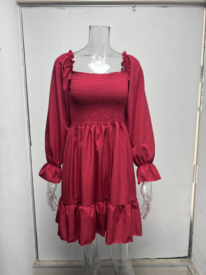 Women's Dress Simple Square Neck Solid Color Long Sleeve Dress Parallel Crepe Seam Body Bell Sleeves Ruffle Hem Dress Women