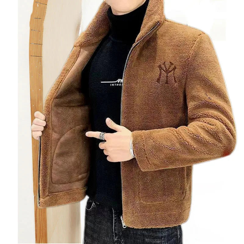 2025 New Hot Selling Autumn/winter Fashion Men's Imitation Lamb Wool Jacket With Collar Thick Wool Jacket Men's Top Coat