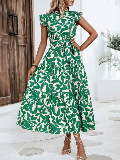 Elegant Women's Flower Midi Dress New Summer Fashion Stand Collar Flying Sleeve Lace Up Dress Casual Beach Holiday Dresses Robe