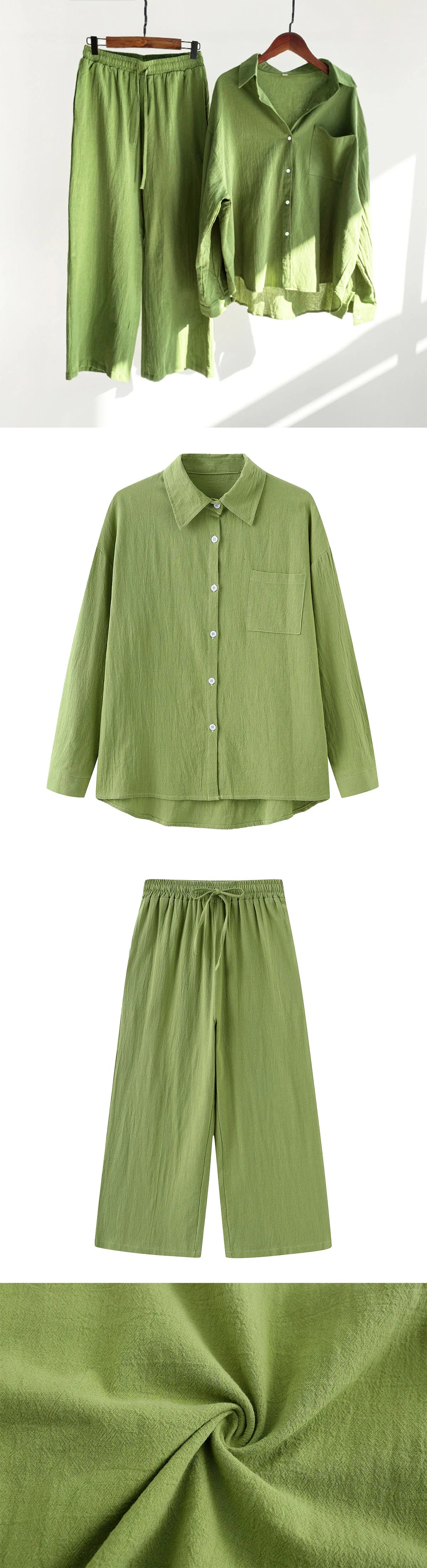 Loose Solid Color Cardigan Shirt Wide Leg Pants Women's 2-piece Set Of Retro Cotton Linen Shirt High Waist Long Pants Set Outfit