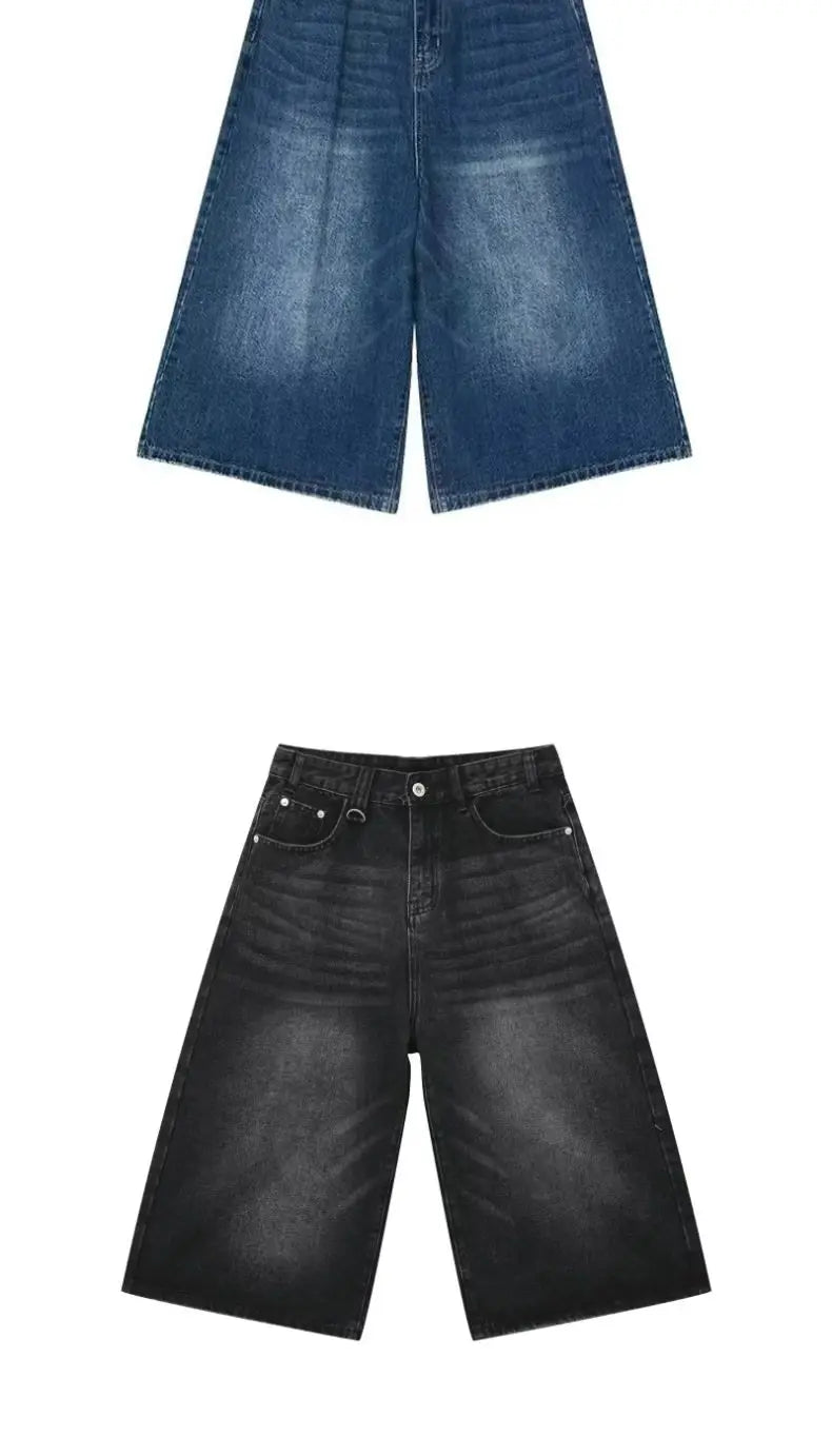 Retro Y2k Baggy  Women Men  Black Jeans Low Waist Casual Wide Pants Frayed Denim Shorts Big Size Clothes