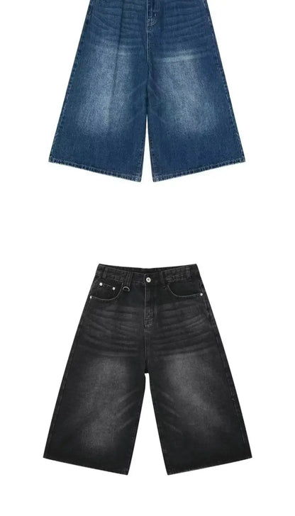 Retro Y2k Baggy  Women Men  Black Jeans Low Waist Casual Wide Pants Frayed Denim Shorts Big Size Clothes
