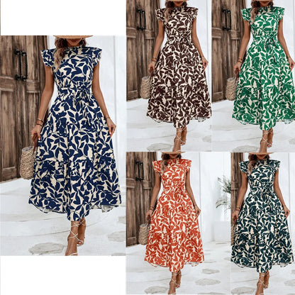 Elegant Women's Flower Midi Dress New Summer Fashion Stand Collar Flying Sleeve Lace Up Dress Casual Beach Holiday Dresses Robe