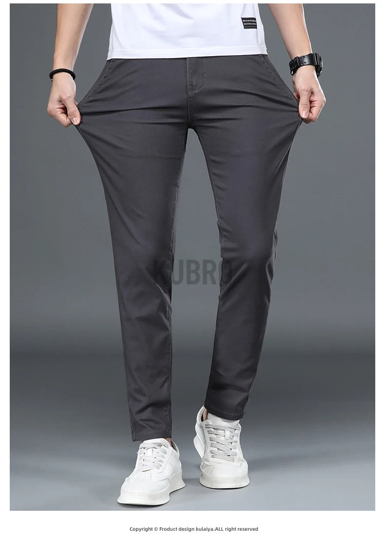 KUBRO Korean Style Cotton Soft Elastic Slim Straight Trousers Summer Thin Office Fashion Versatile Men's Business Casual Pants