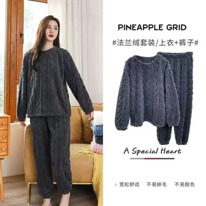 Fleece Women Pajamas Set Winter Sleepwear Solid Velvet 2 Piece Pant Home Suit Fluffy Casual Pajama Warm O-neck Night Wear