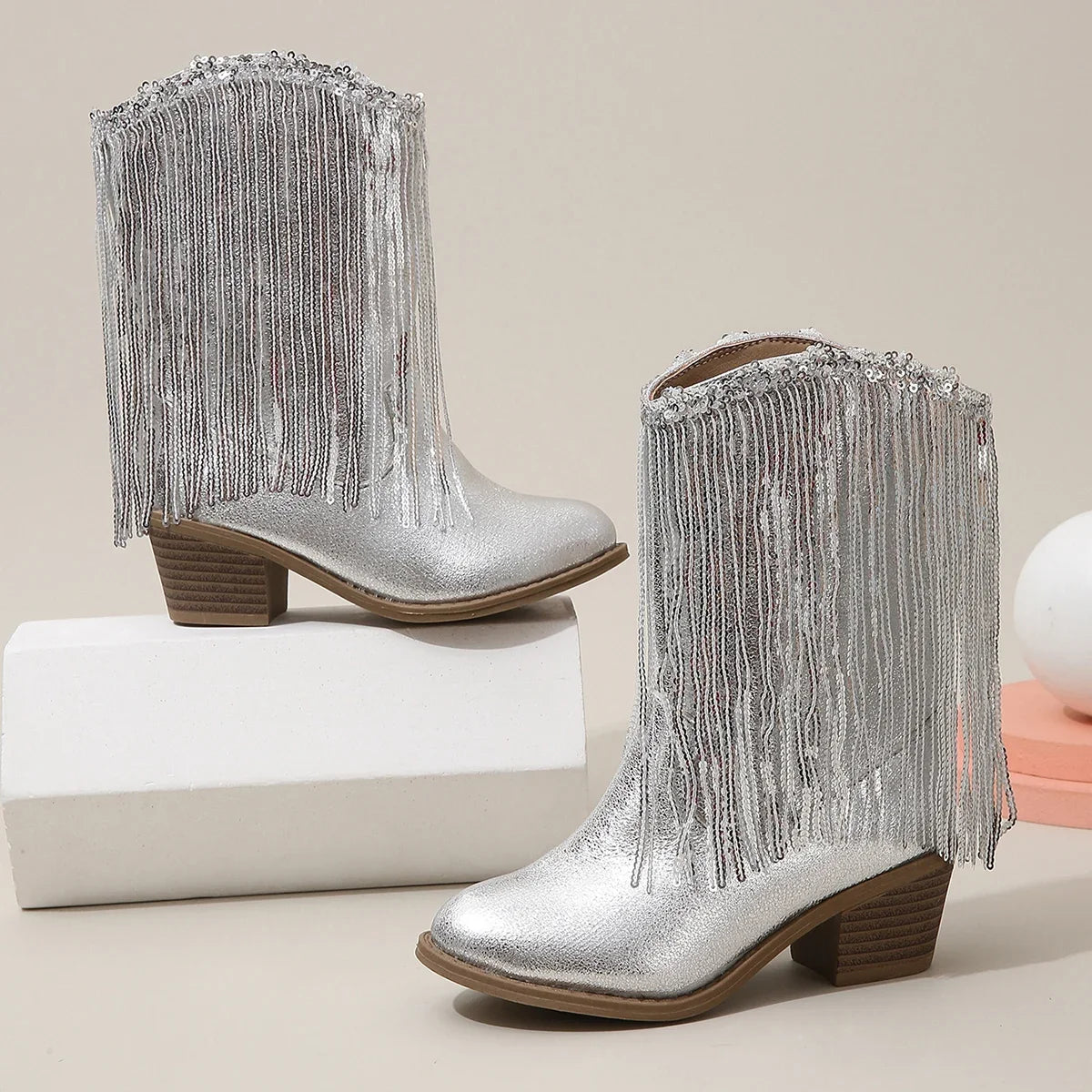 Children Boots Versatile Tassels Pink Elegant 2024 New Performance Girls Boots Low Heels Shiny Solid Color Britain Princess Boot