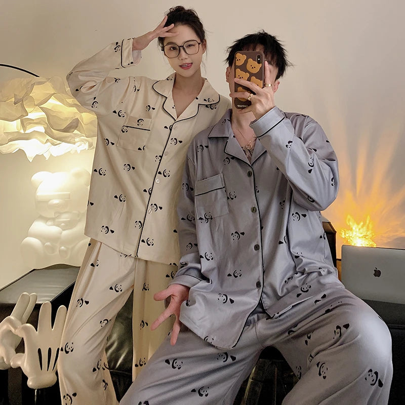 Pajama Women Pajama Man Set Cotton Plus Size Spring Autumn Long-sleeved Korean Cardigan Casual V-neck Nightwear Couple Pyjama