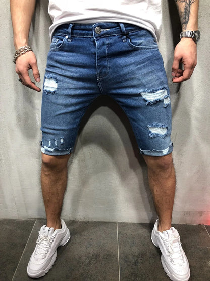 Summer Ripped Jeans Skinny Denim Shorts for Men with Distressed Ripped Cat Whiskers Hip Hop Streetwear Short Pants Men's Pants