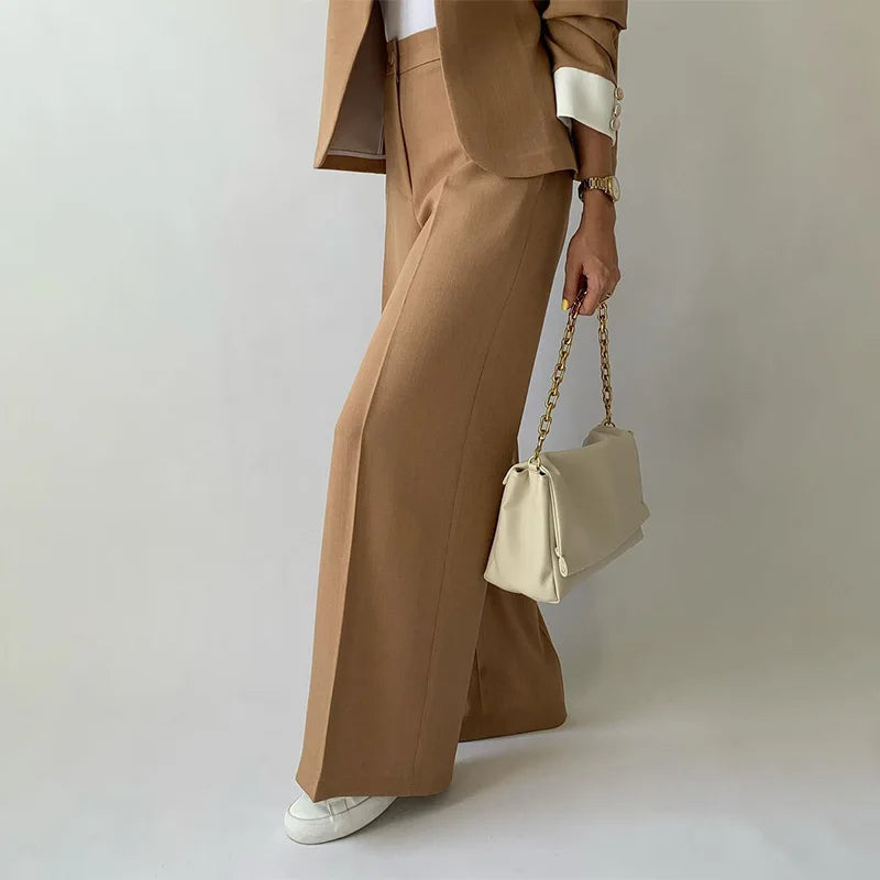 Pants Sets Two Piece Suit Elegant Women Blazer Cardigan Stand Collar Coat Straight Pants Solid Casual Suits Autumn Winter