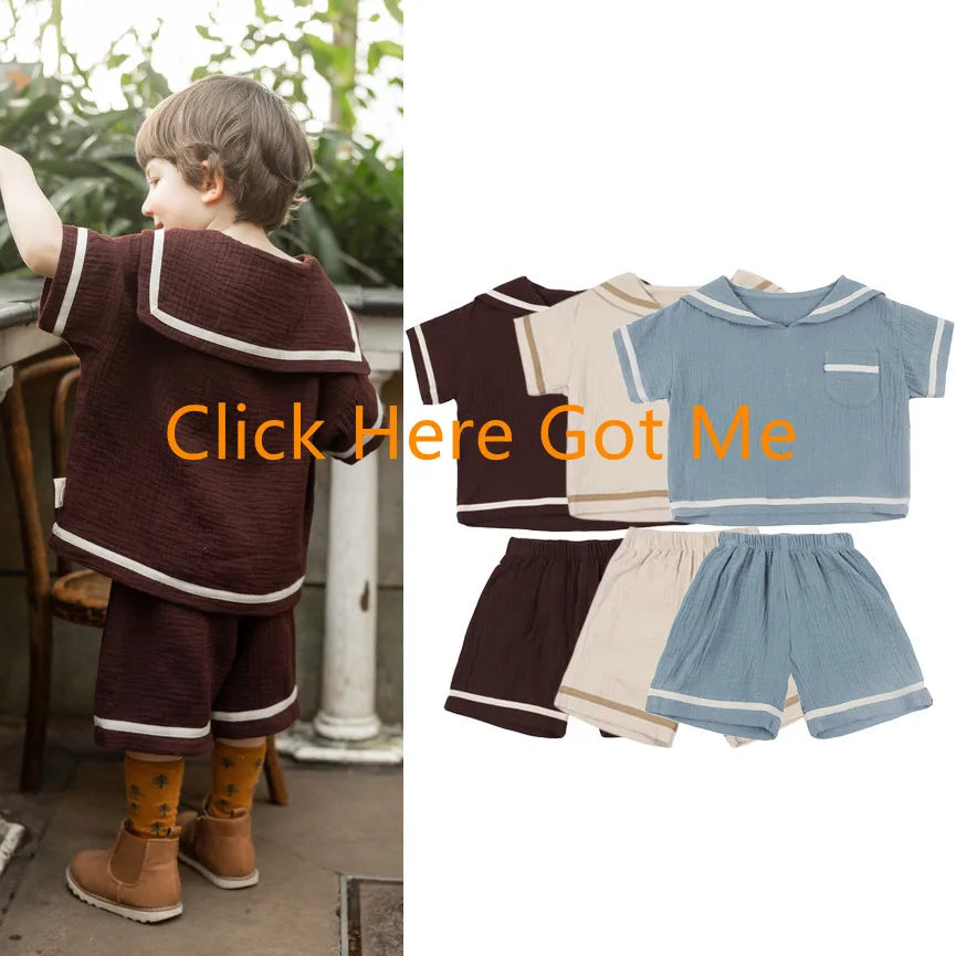 Baby Boy Girl Clothes Set Muslin Spring 0-5Y Baby Organic Cotton Lapel Navy Style Long Sleeve Tops + Shorts Newborn Baby Sets