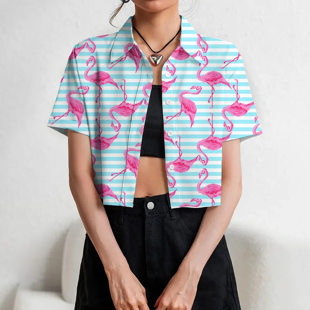 Women's Lapel Button Tank Tops Shirts Summer Casual Short Sleeve Shirts 3D Cherry Printed Women's Clothing Navel Exposed Shirts