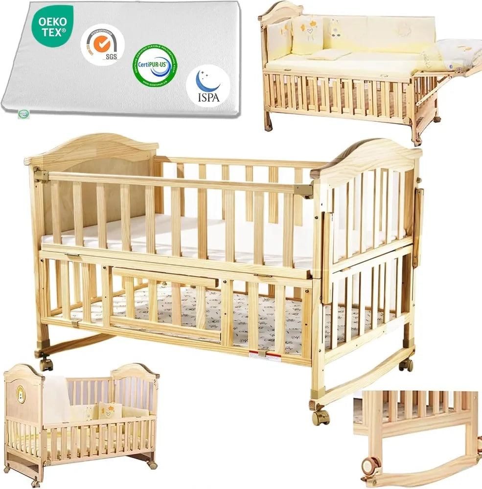 Mini Baby Crib 4 in 1 Convertible with Memory Foam Mattress(38"by 24") Included, Cunas para Babes 2024 Natural Wood Portable Crib