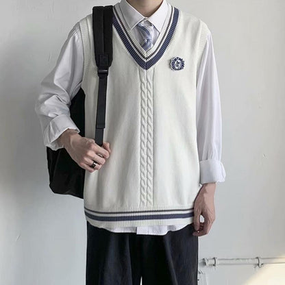 College Style Sleeveless V Neck Sweater Vest Autumn Winter Patchwork Color Twist Men Knitted Vest Daily Clothing