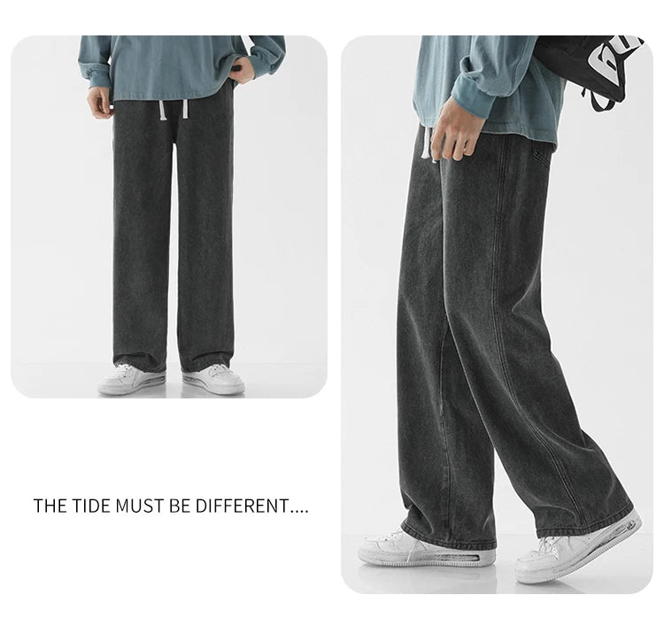 Spring Men Baggy Washed Jeans Drawstring Wide Leg Cargo Denim Pants Fashion Casual Trousers Male Designer Clothing Blue Black