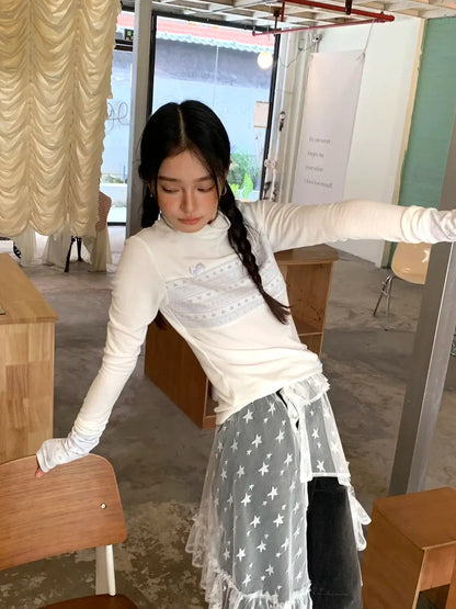 Fashion Star Gauze Sweet Irregular Chic Women Skirts Japanese Y2k Aesthetic Split Skirt Vintage Casual Lace Ruffled Fairy Faldas