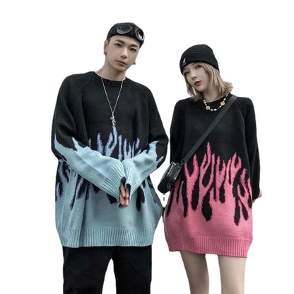 Hip Hop Mens Streetwear Harajuku Knitted Sweater Blue Fire Flame 2025 Autumn Sweater Pullover Loose HipHop Retro Vintage