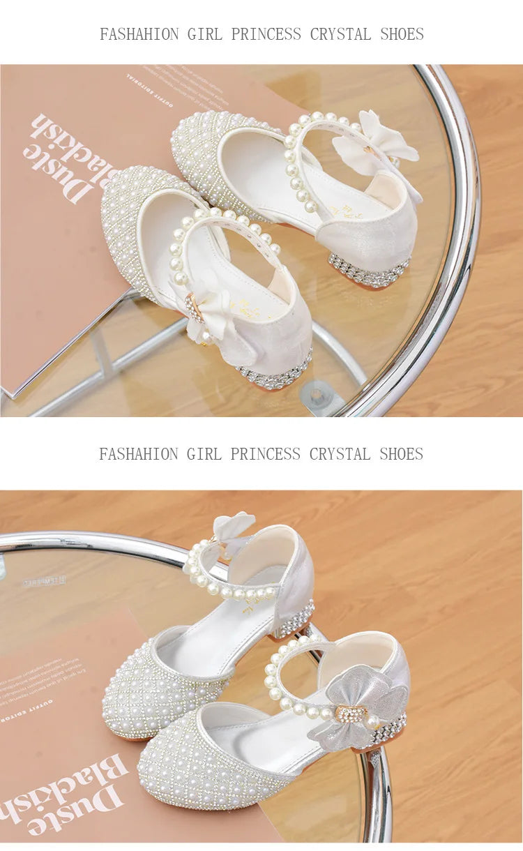 Rhine stones Princess Party Shoes Shiny Crystal Bow White Children High Heels Girls Sandals Summer Kids Student Performance Shoes