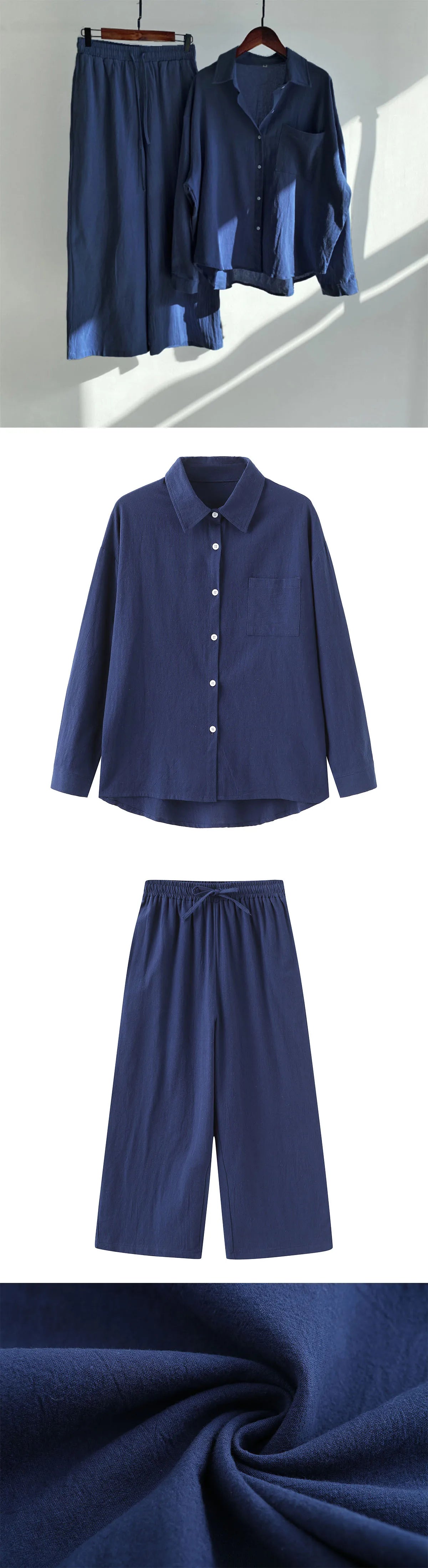 Loose Solid Color Cardigan Shirt Wide Leg Pants Women's 2-piece Set Of Retro Cotton Linen Shirt High Waist Long Pants Set Outfit