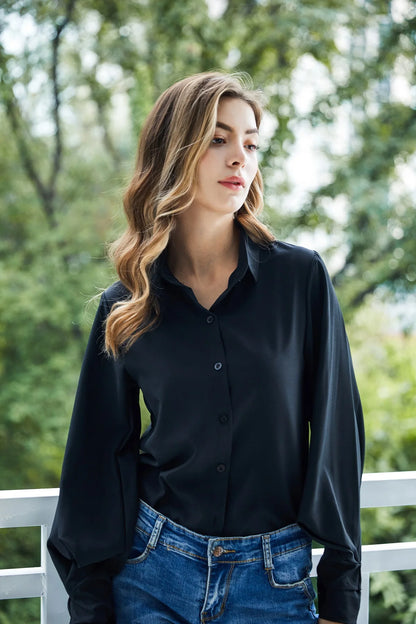 Lantern Sleeves Vintage Shirts Women Elegant White Women's Blouse with Lush Sleeves 2025 Fashion Button Up Shirt Black dropship