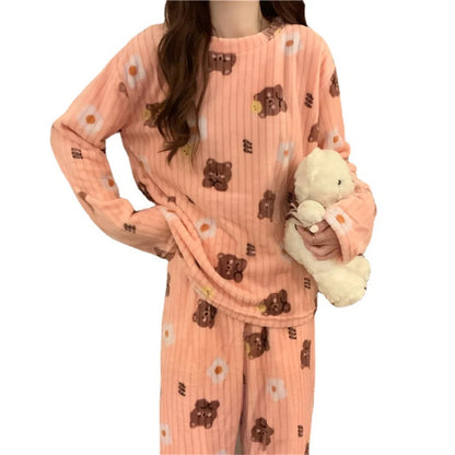 Flannel Long sleeve cartoon sleepwear suit Cozy Thick Warm Cartoon Sleepwear Suit Stylish Women's pajamas set for Autumn Winter