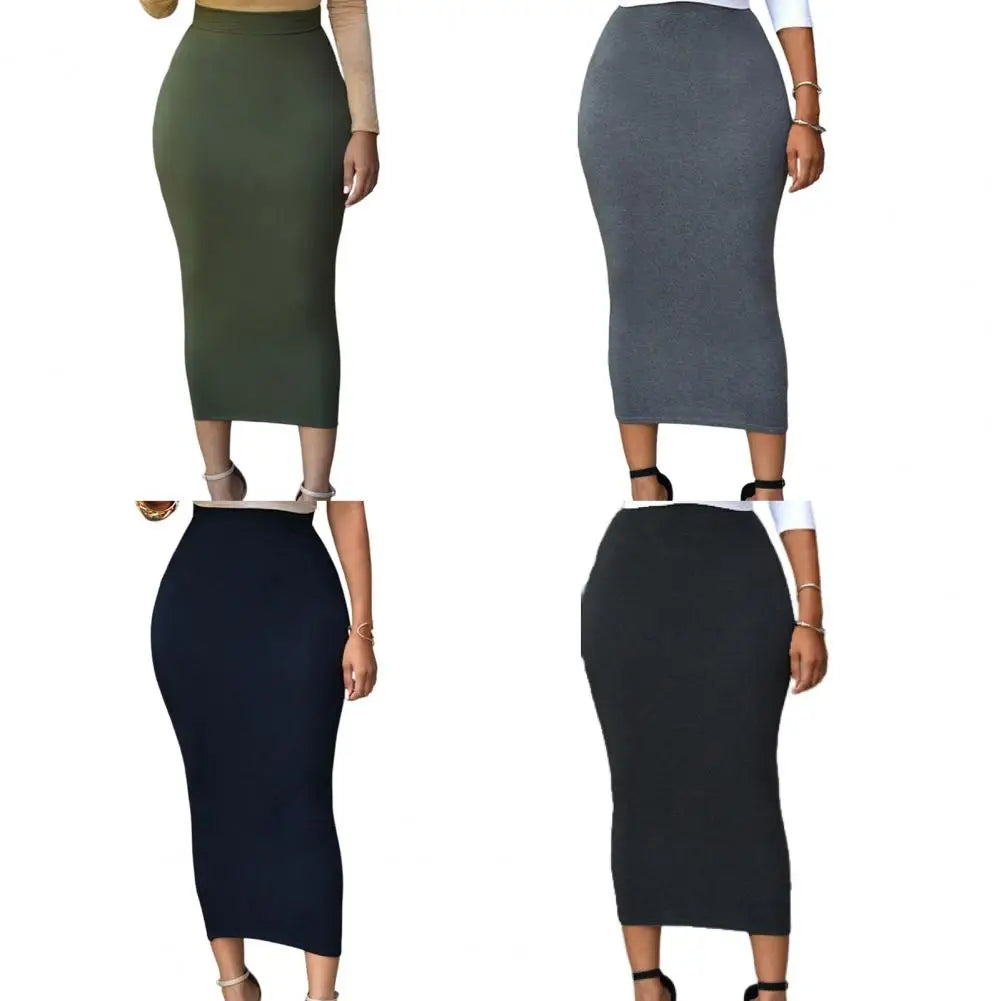 Women Skirt Solid Color Elastic Bodycon High Waist Dating Skirt Match Top Comfortable Mid-calf Length Sheath Skirt Women Garment