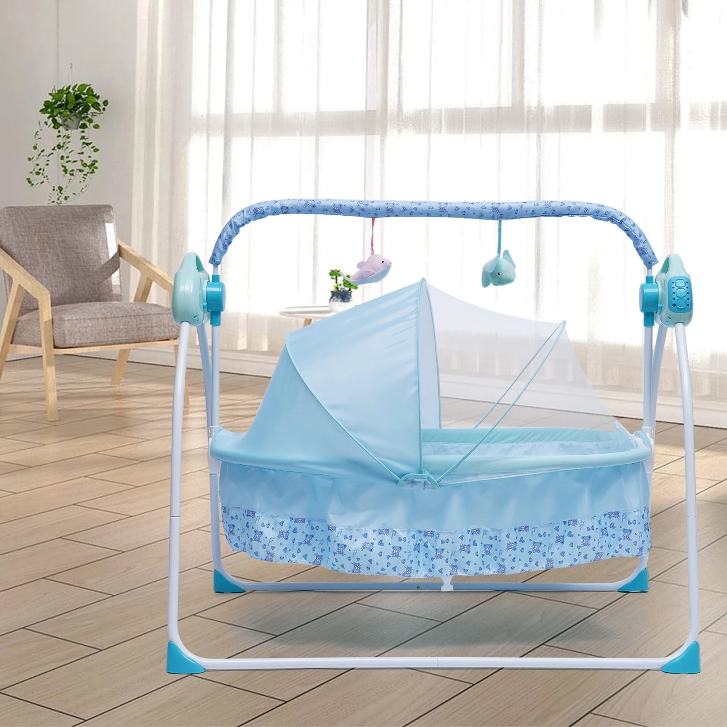 5 Gears Electric Auto-Swing Baby Crib Cradle Sleep Bed Infant Rocker + Net Music Bluetooth Music Adjustable+ Mat