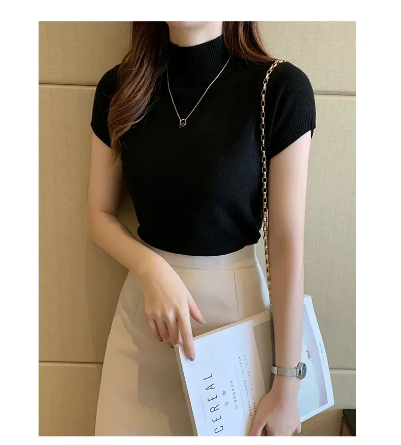 Fashion Woman Blouses 2025 Short Sleeve Summer Tops Blouse Women Turtleneck Knitted Blouse Shirt Women's Tops And Blouses