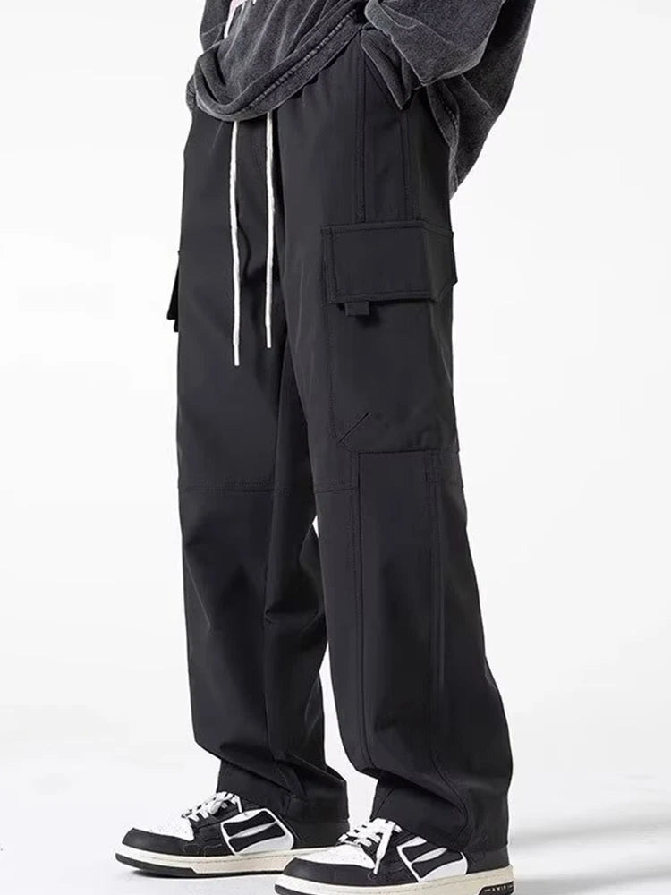 Thick and stretchy straight leg elastic waistband versatile casual long pants for men in autumn and winter, warm pure cotton pan