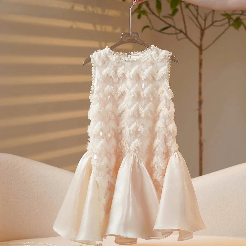 2025 Girls New High-end Dress Costumes Formal Clothes Beige Summer Matching Clothes White Short Sleeves Princess Party Wedding