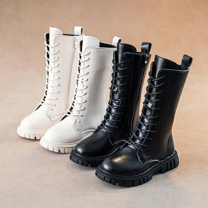 Autumn/Winter ZIP Fashion Cool Baby Girls Warm Square Heel Round Toe Casual Lace-Up Comfortable Kids Black Mid Boots