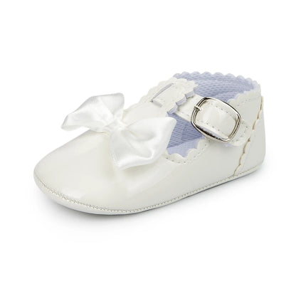 Newborn Baby Shoes Baby Boy Girl Shoes Girl Classic Bowknot Rubber Sole Anti-slip PU Dress Shoes First Walker Toddler Crib Shoes