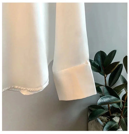 Spring Fashion Button Satin Silk Shirt Hong Kong Style Retro Shirt Women's White Top Women's Long sleeved Women's Loose Street