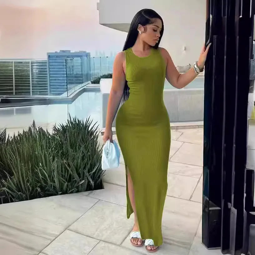 Sexy Sleeveless Knitted Long Dress for Women Fashion O-neck Pure Color Bodycon Dress Summer Split Package Hips Party Dress Black