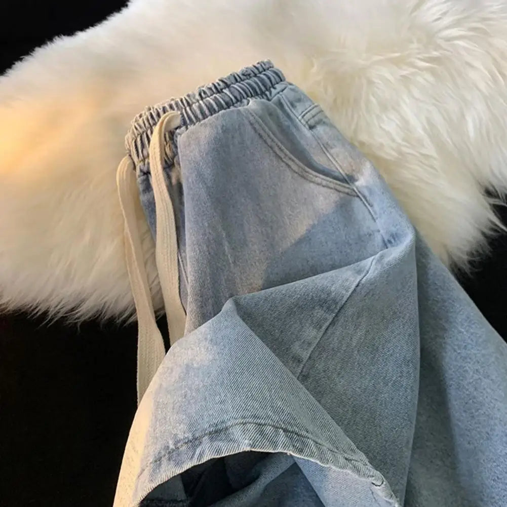 Men Wide-leg Denim Shorts Men's Quick-drying Denim Beach Shorts With Elastic Drawstring Waistband Pockets Summer Wide Leg Shorts