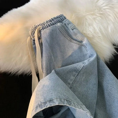 Men Wide-leg Denim Shorts Men's Quick-drying Denim Beach Shorts With Elastic Drawstring Waistband Pockets Summer Wide Leg Shorts