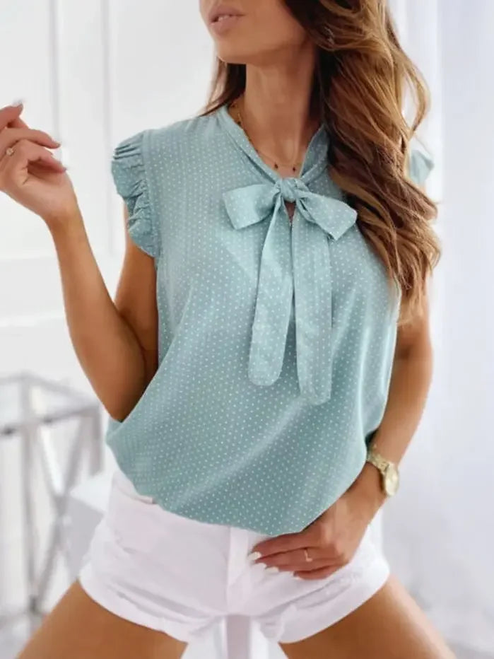 Summer Women Elegant Ruffles Sleeveless Polka Pot Lace Up Tie Bow Blouses and Shirts Casual Oversize Tops Sexy Pullover Tunic
