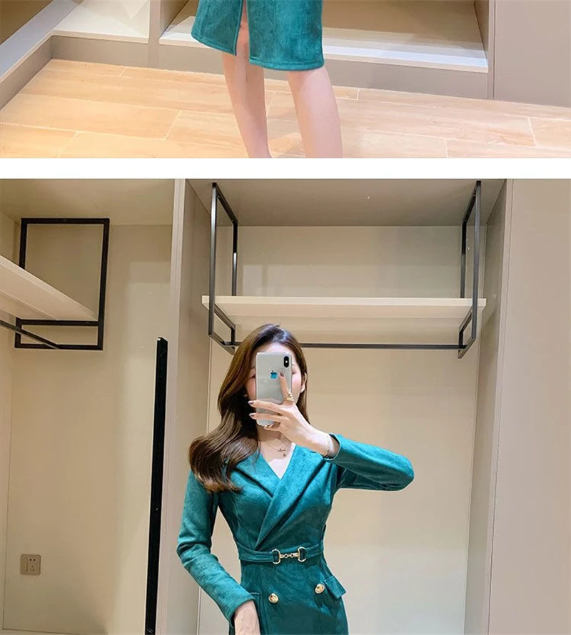 Office Lady Sexy Slim Blazer Dress Women Spring Korean Notched Collar Split Evening Party Dresses Elegant Midi Vestido De Fiest