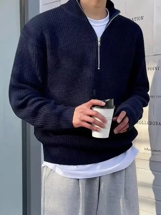 2025 Spring Autumn Men New Fashion Men Loose Half-high Collar Zipper Pullover Knitted Sweater Jacket  All-match Clothing