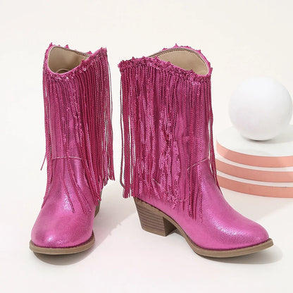 Children Boots Versatile Tassels Pink Elegant 2024 New Performance Girls Boots Low Heels Shiny Solid Color Britain Princess Boot