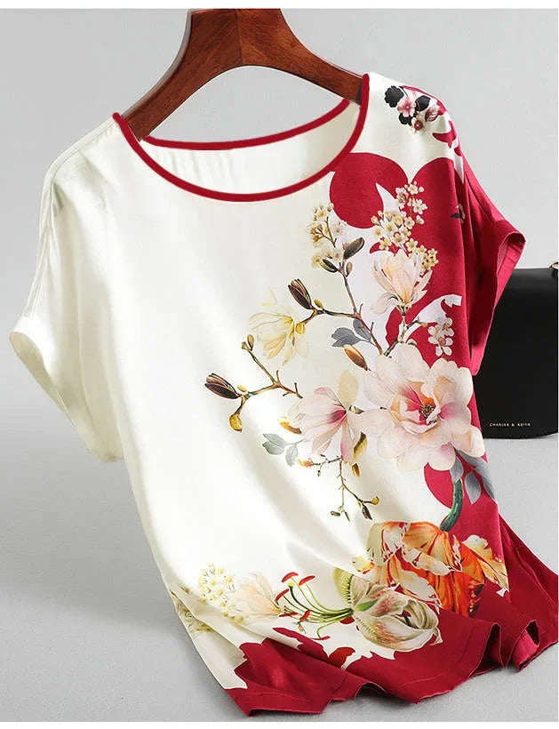 Plus Size Women Silk Satin Blouses Spring Summer Floral Printing Blouse Female Fashion Shirt Tops