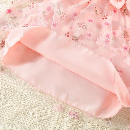 (0-3 Years Old) Summer Mesh All Over Flower Bow Baby Girl Dress Cute Sleeveless Girl Princess Dress