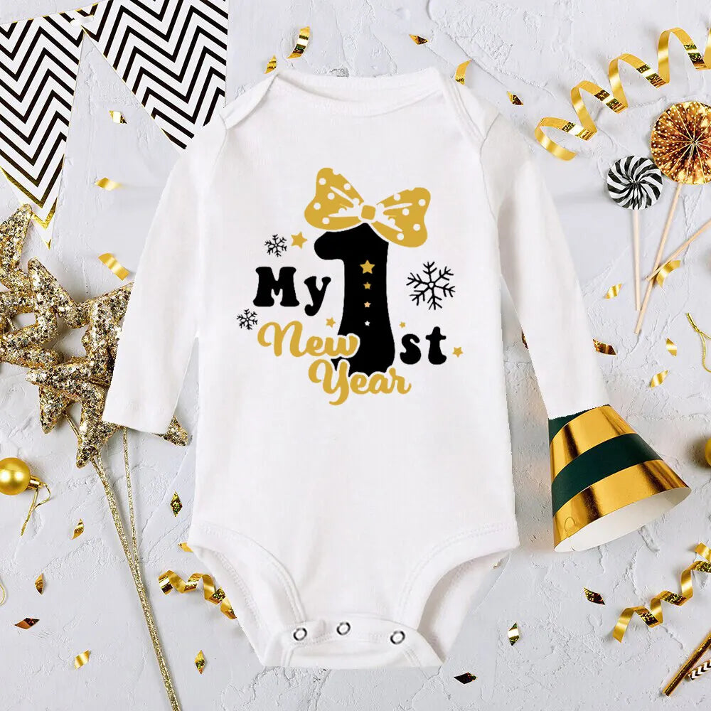 My First New Year Print Baby Romper Infant Long Sleeve Bodysuit Toddler Holiday Jumpsuit Boys Girls Clothes Newborn Shower Gifts