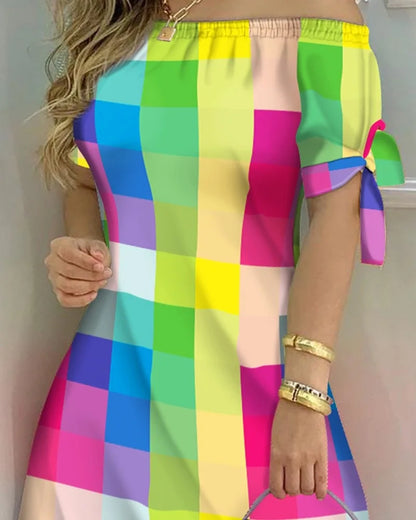 Fashionable Sexy Women's Print Dress Women's Word Shoulder Short -sleeved A -line Dress Ladies Off The Shoulder Mini Dresses