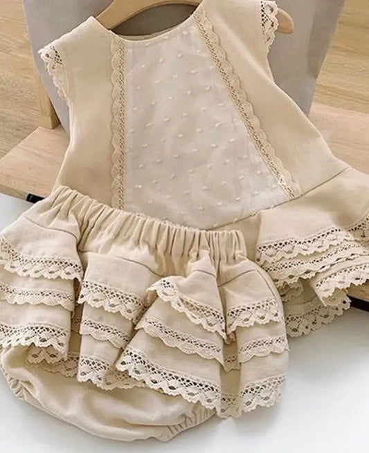 Baby Girls 2 Pieces Outfit Round Neck Sleeveless Lace Vest Tops Layered Hem Tiered Skirts Panty Sets