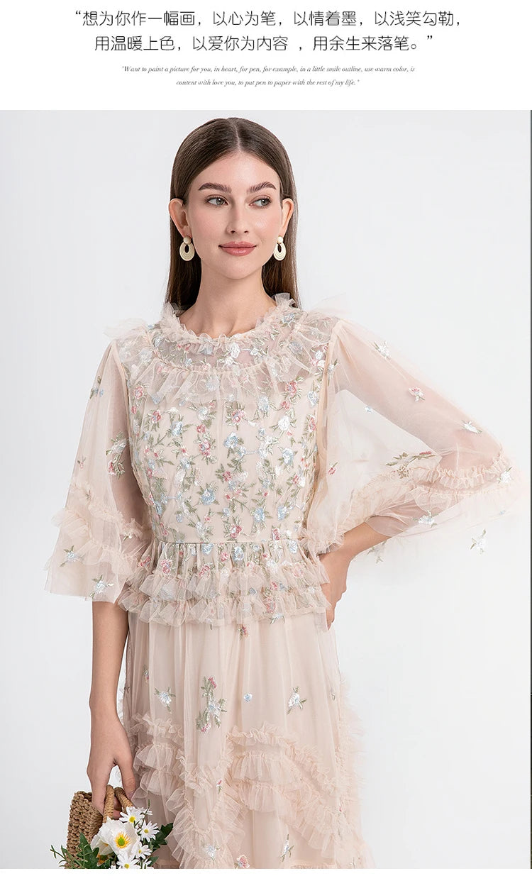 Runway Luxury Long Dresses Women 2025 Summer Holiday Embroidery Flower Ruffles Midi Party Evening Dress Lady Prom Vestidos