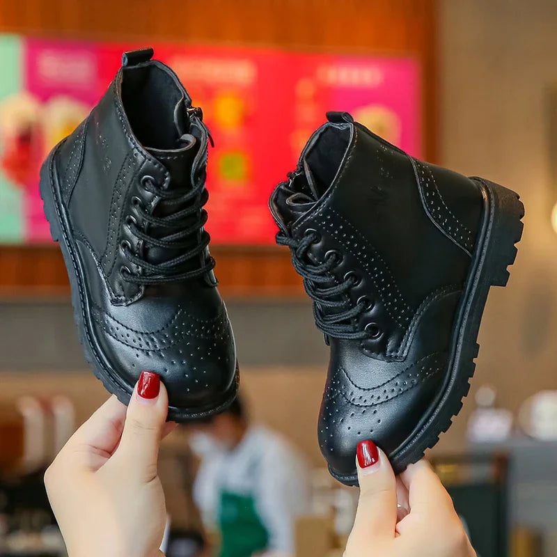 Kids Casual Boots PU Leather Black Zipper for Boys Girls Cross-tied Children Ankle High Boots Anti-skid Round Toes Soft Quality