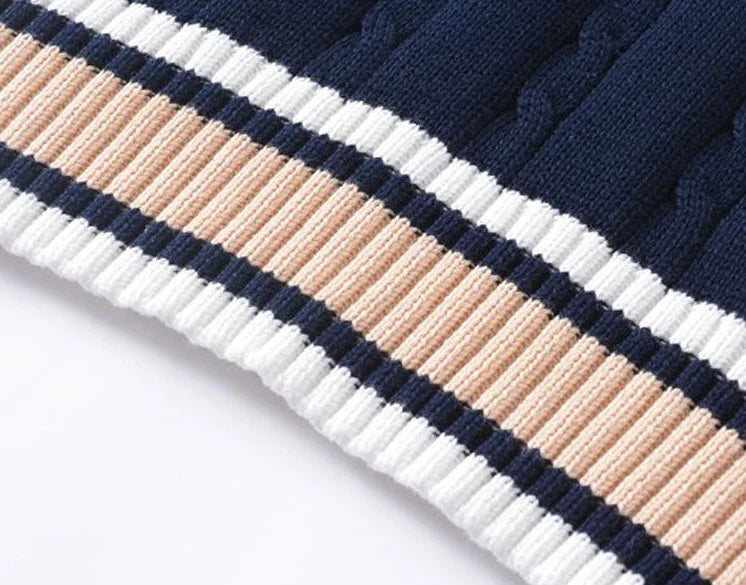 Striped White Knitted Sweaters for Men Blue Sleeveless Man Clothes V Neck Vest Red Waistcoat Jumpers Sweat-shirt Cotton