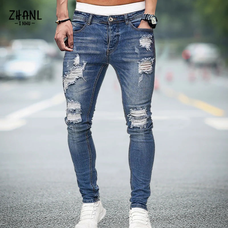 Men's Stretchy Ripped Skinny Embroidered Jeans Men's White Pants Destroyed Hole Slim Fit Denim High Quality Hip Hop Men trousers