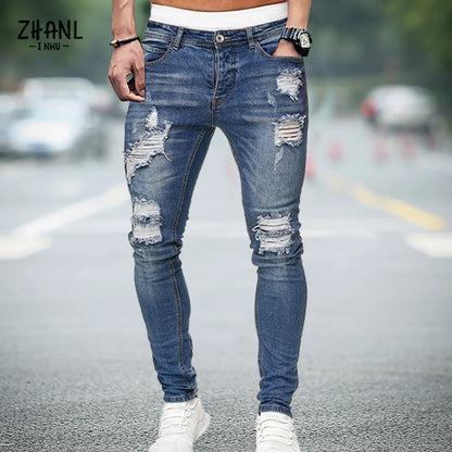 Men's Stretchy Ripped Skinny Embroidered Jeans Men's White Pants Destroyed Hole Slim Fit Denim High Quality Hip Hop Men trousers